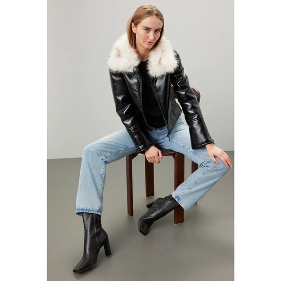 Unreal Fur Aviator Jacket Small Black Bomber Vegan Wet Look Leather Fur Collar - Picture 3 of 14